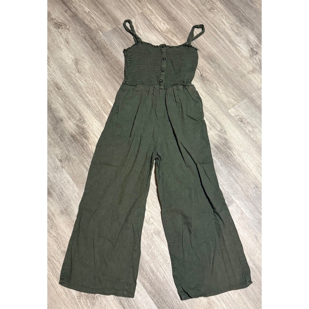 Hollister Smocked Wide Leg Jumpsuit Olive Green Small Button Front Strappy
